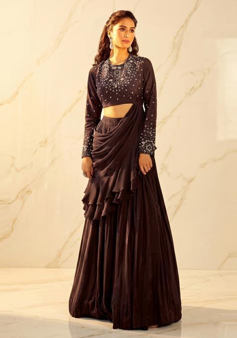 Dark Brown Embroidered Handwork Pre Draped Saree Set