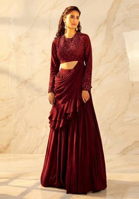 Deep Maroon Embroidered Handwork Pre Draped Saree Set