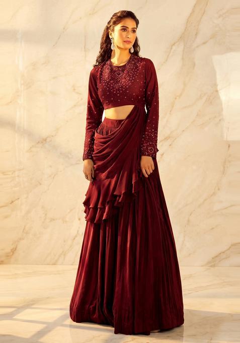 Deep Maroon Embroidered Handwork Pre Draped Saree Set