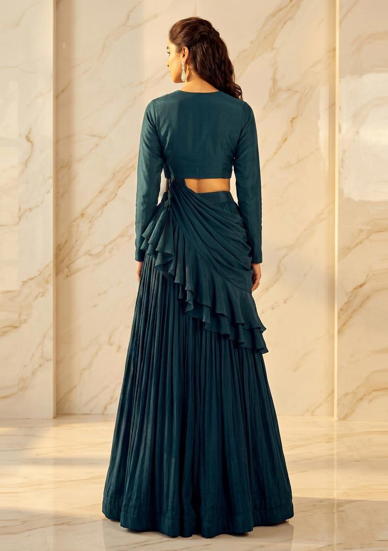 Deep Teal Embroidered Handwork Pre Draped Saree Set - Indya