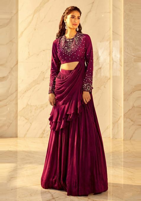 Magenta Embroidered Handwork Pre Draped Saree Set