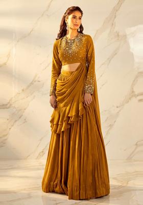 Mustard Yellow Embroidered Handwork Pre Draped Saree Set