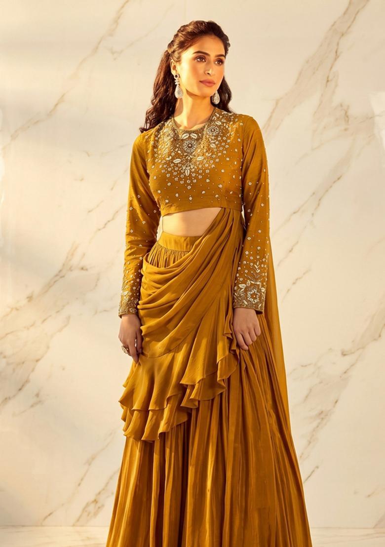 Mustard Yellow Embroidered Handwork Pre Draped Saree Set - Indya