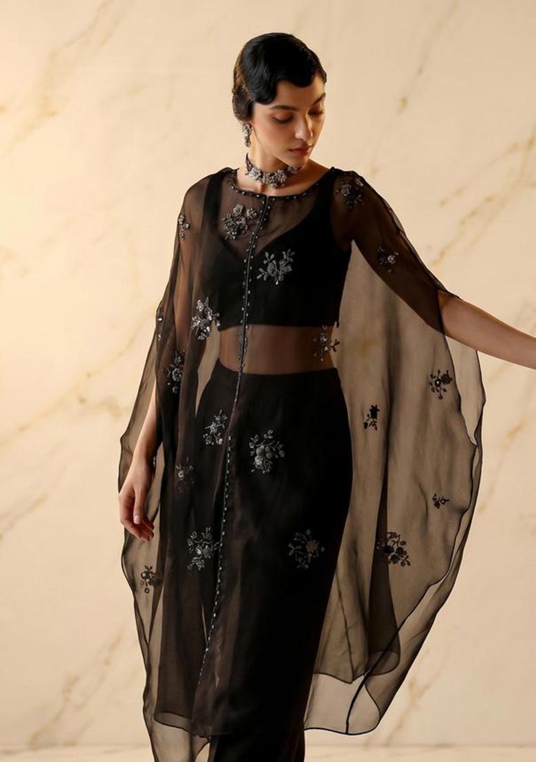 Jet Black Embroidered Handwork Fusion Set - Indya