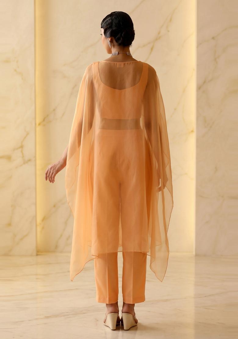 Pastel Peach Embroidered Handwork Fusion Set - Indya