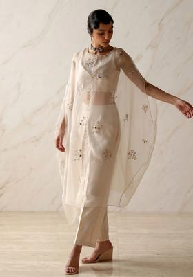 Cream Embroidered Handwork Fusion Set