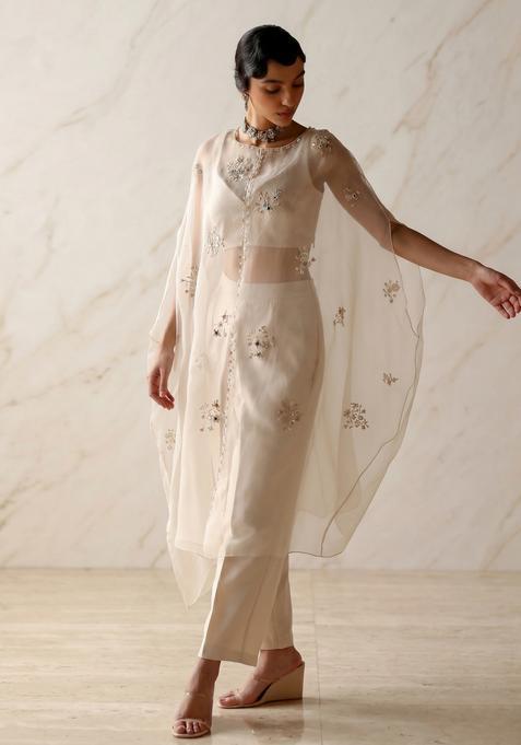 Cream Embroidered Handwork Fusion Set