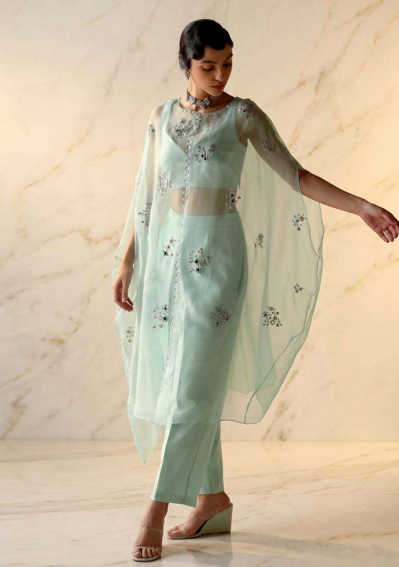 Mint Green Embroidered Handwork Fusion Set - Indya