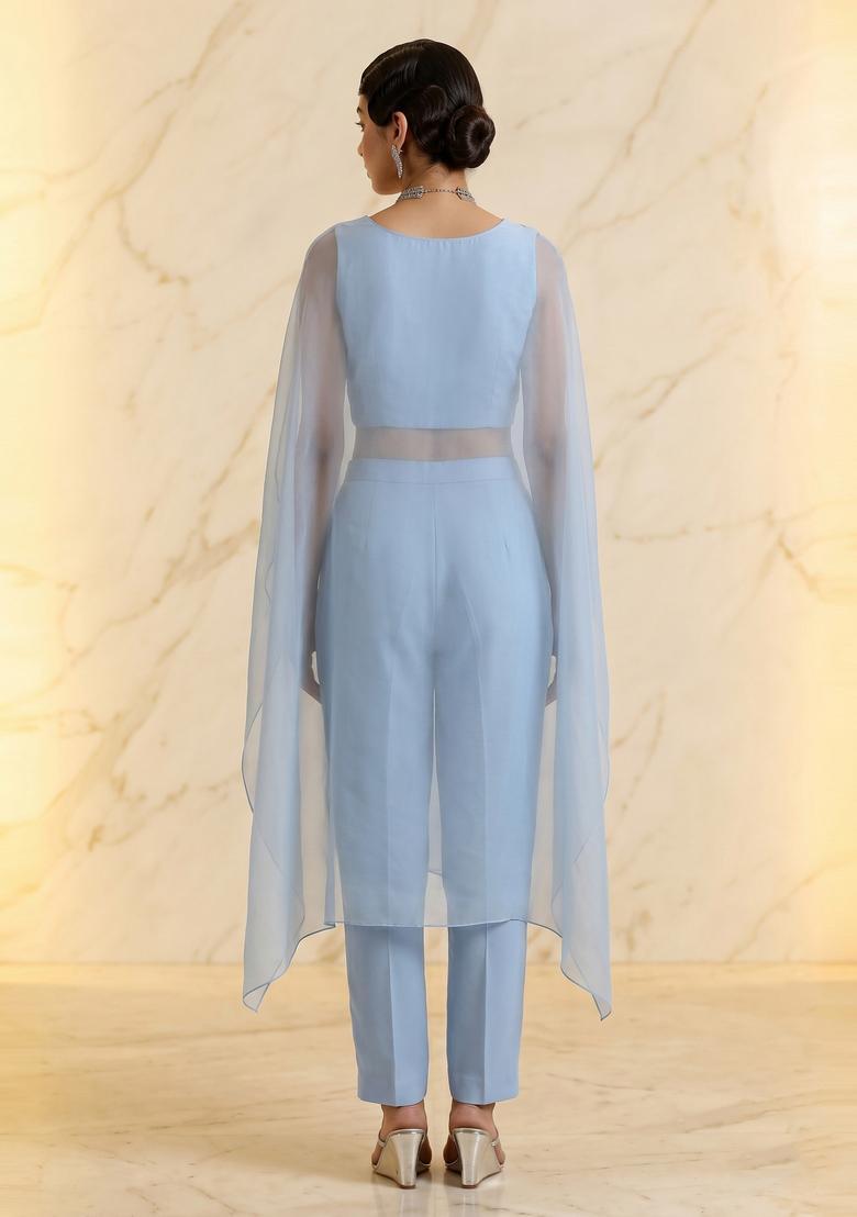 Powder Blue Embroidered Handwork Fusion Set - Indya