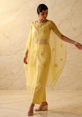 Yellow Embroidered Handwork Fusion Set