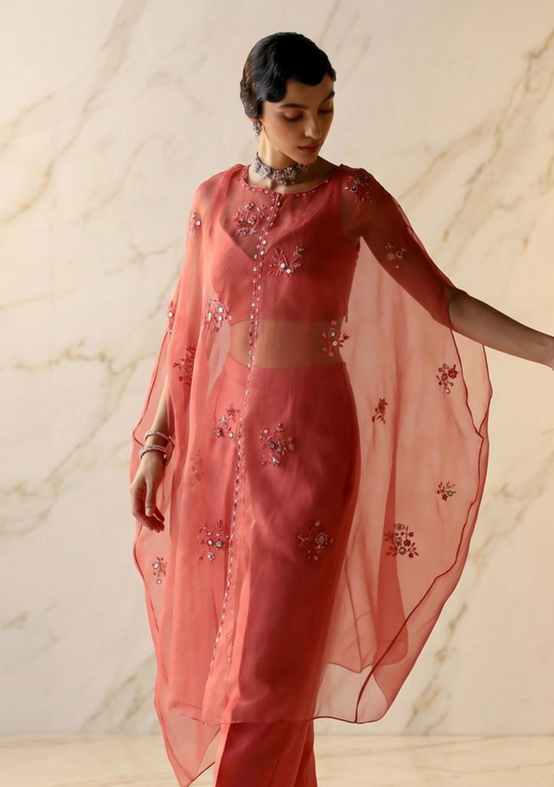 Coral Pink Embroidered Handwork Fusion Set - Indya
