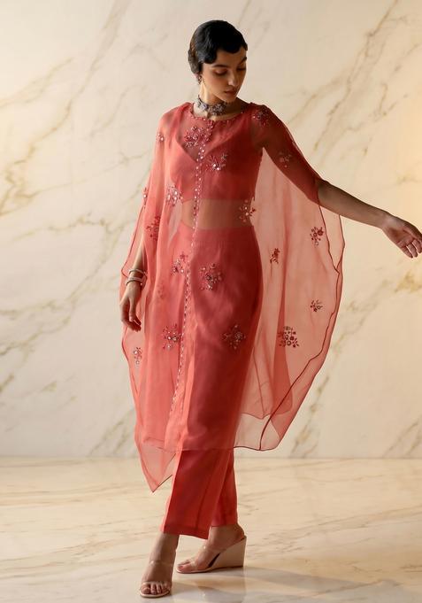 Coral Pink Embroidered Handwork Fusion Set