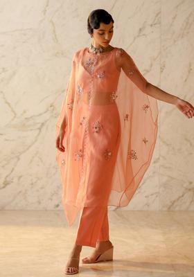 Peach Embroidered Handwork Fusion Set