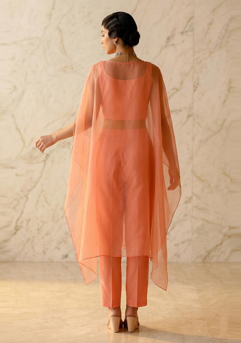 Peach Embroidered Handwork Fusion Set - Indya