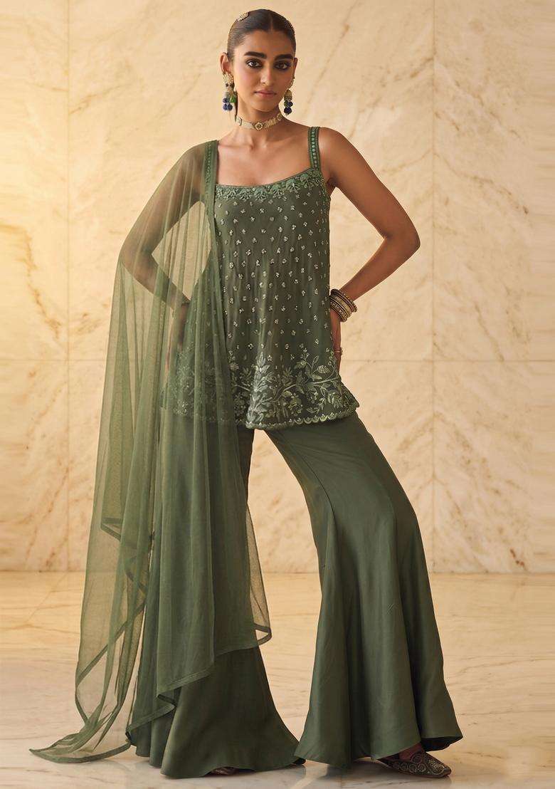 Olive Green Embroidered Handwork Sharara Set - Indya