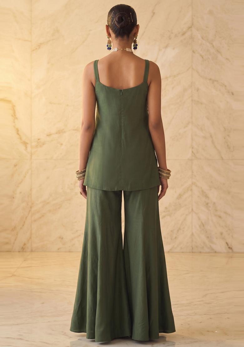 Olive Green Embroidered Handwork Sharara Set - Indya