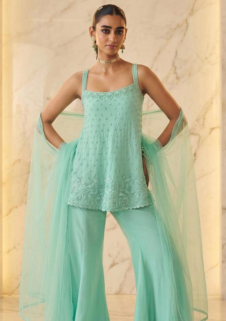 Mint Green Embroidered Handwork Sharara Set - Indya