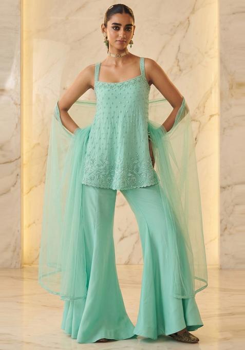 Mint Green Embroidered Handwork Sharara Set