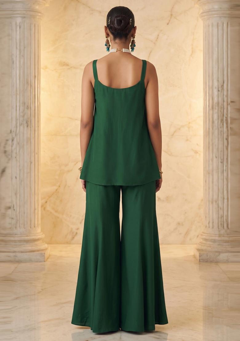 Dark Green Embroidered Handwork Sharara Set - Indya