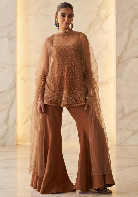 Brown Embroidered Handwork Sharara Set