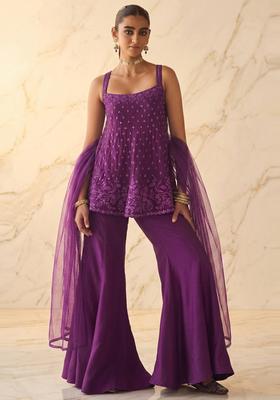 Deep Purple Embroidered Handwork Sharara Set