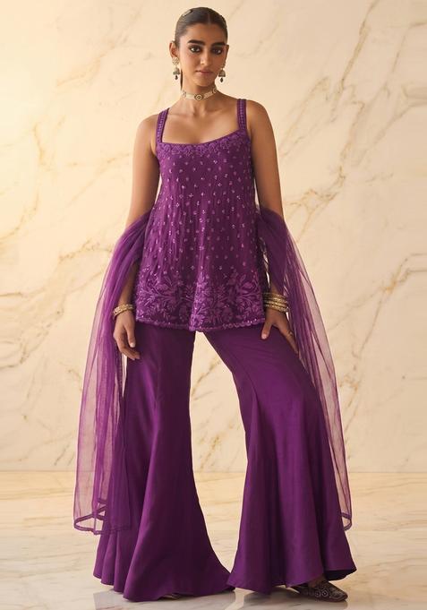 Deep Purple Embroidered Handwork Sharara Set