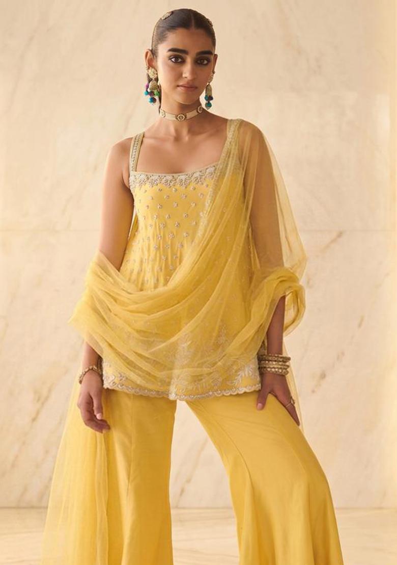 Mustard Yellow Embroidered Handwork Sharara Set - Indya