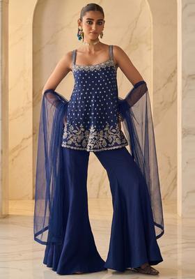 Navy Blue Embroidered Handwork Sharara Set
