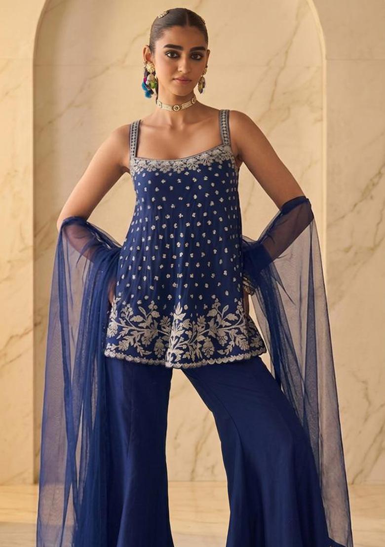 Navy Blue Embroidered Handwork Sharara Set - Indya