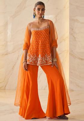 Bright Orange Embroidered Handwork Sharara Set