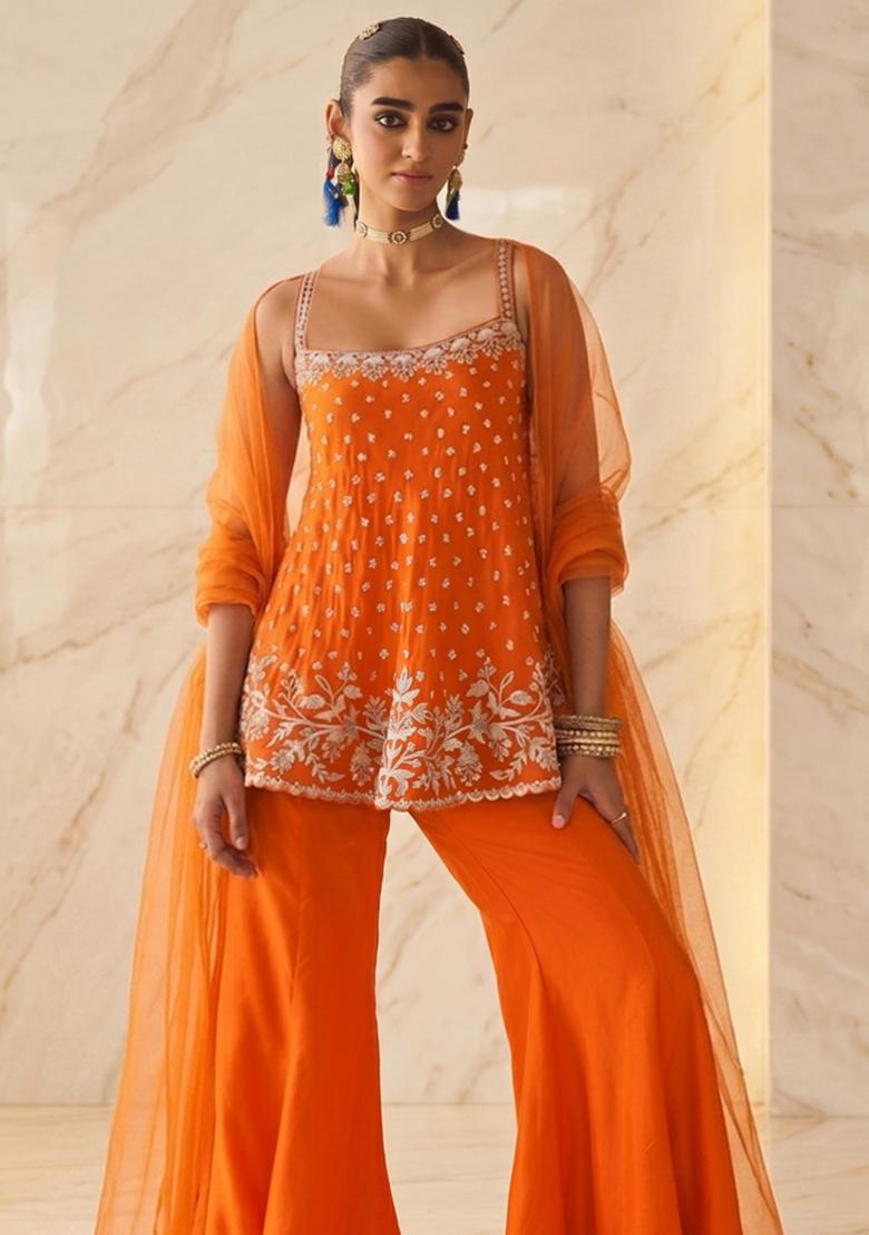 Bright Orange Embroidered Handwork Sharara Set - Indya