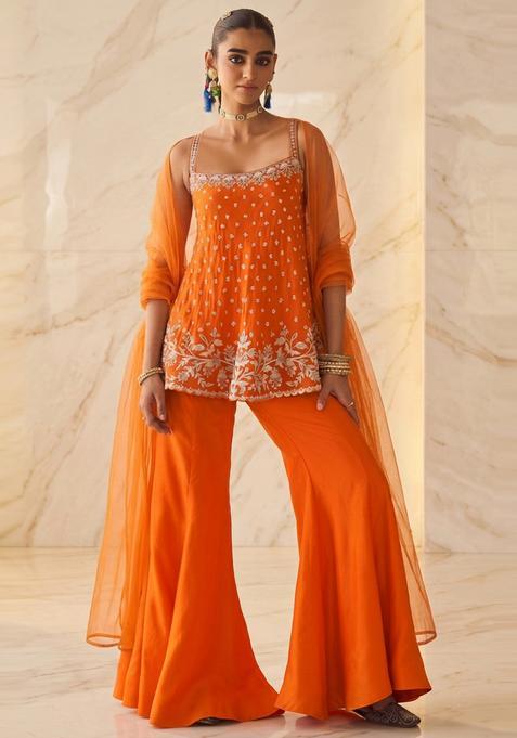 Bright Orange Embroidered Handwork Sharara Set