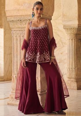 Deep Wine Embroidered Handwork Sharara Set