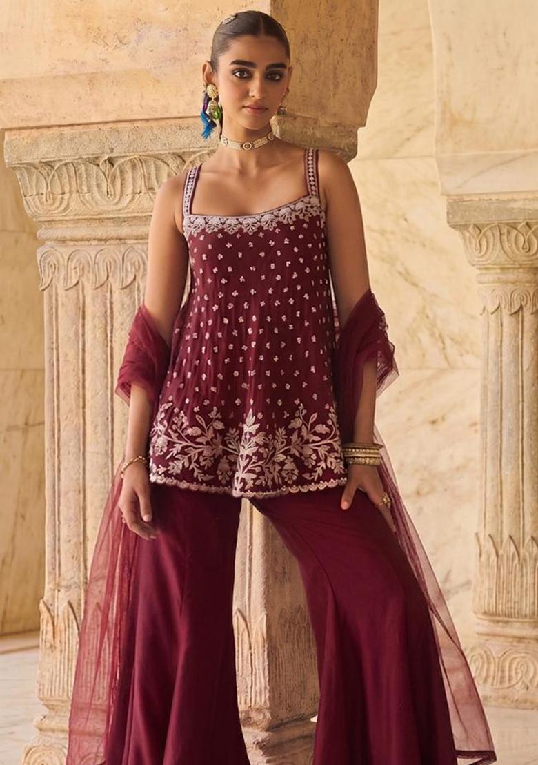 Deep Wine Embroidered Handwork Sharara Set - Indya