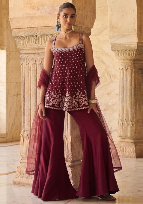 Deep Wine Embroidered Handwork Sharara Set