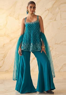 Teal Blue Embroidered Handwork Sharara Set
