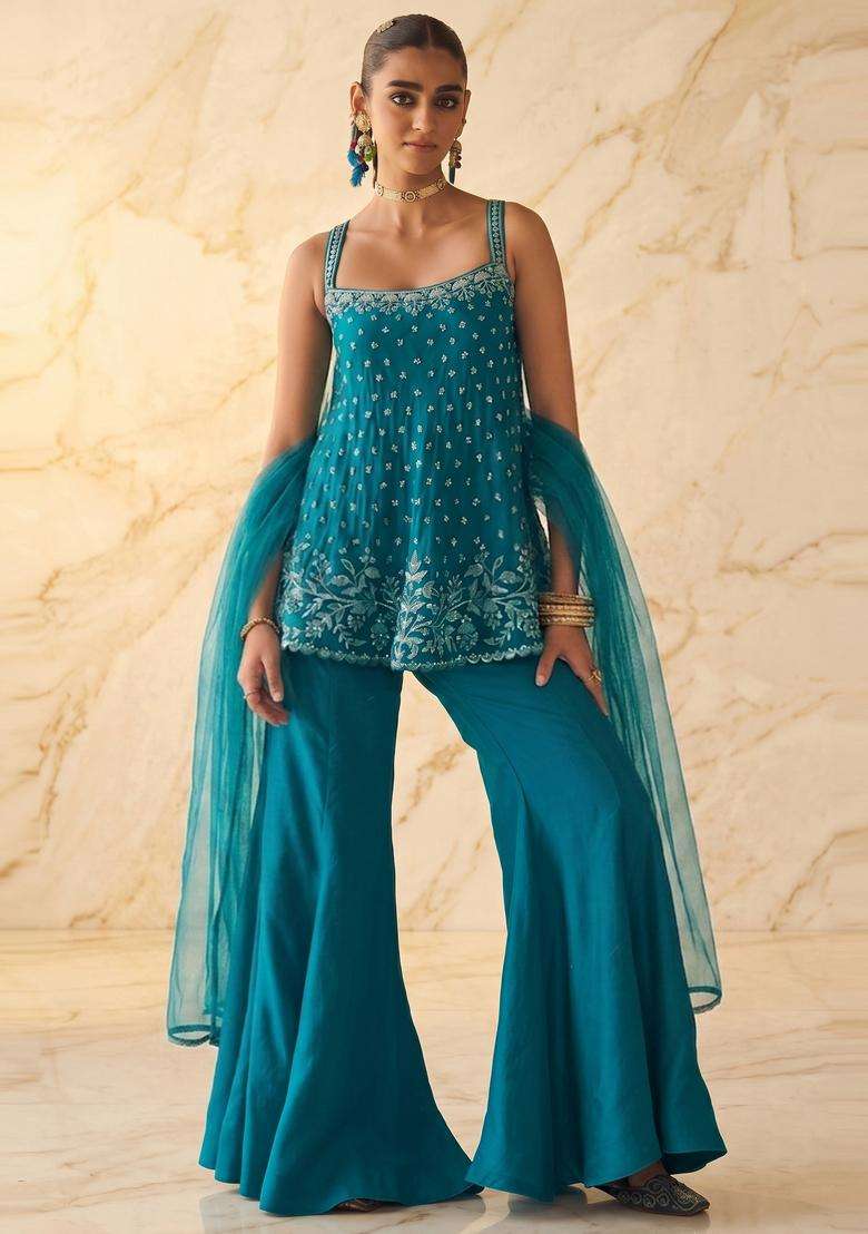 Teal Blue Embroidered Handwork Sharara Set - Indya