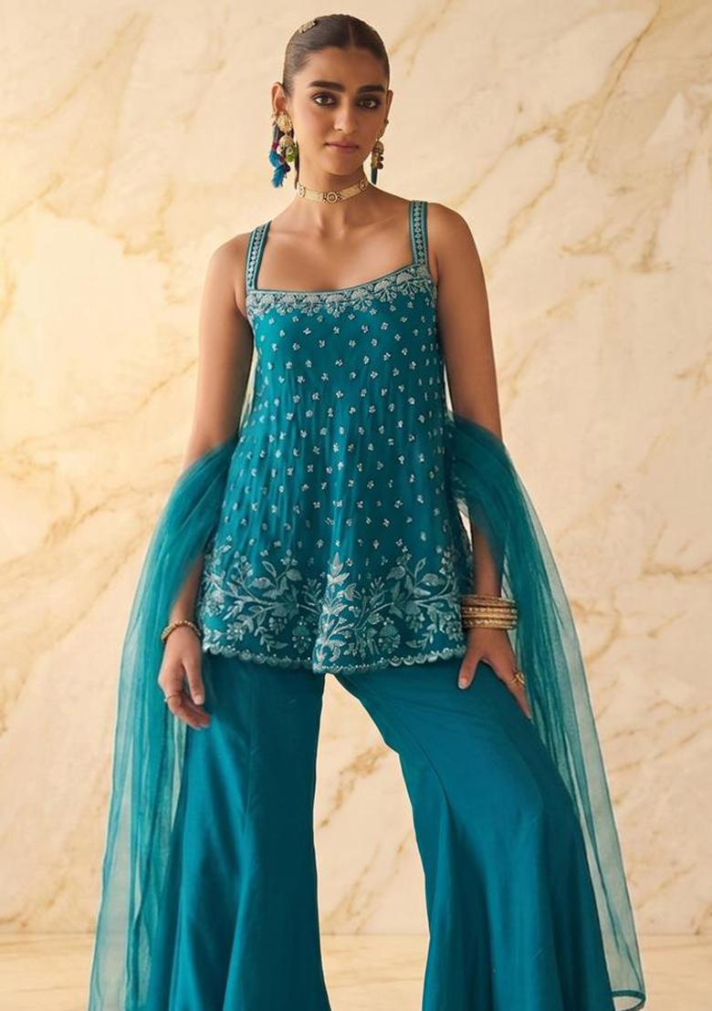 Teal Blue Embroidered Handwork Sharara Set - Indya