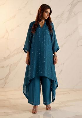 Teal Blue Embroidered Handwork Kurta Set