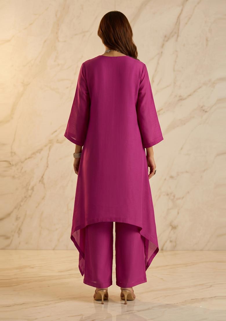 Magenta Embroidered Handwork Kurta Set - Indya