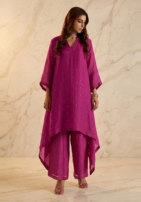 Magenta Embroidered Handwork Kurta Set