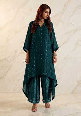 Teal Green Embroidered Handwork Kurta Set