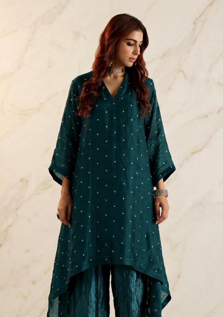 Teal Green Embroidered Handwork Kurta Set - Indya