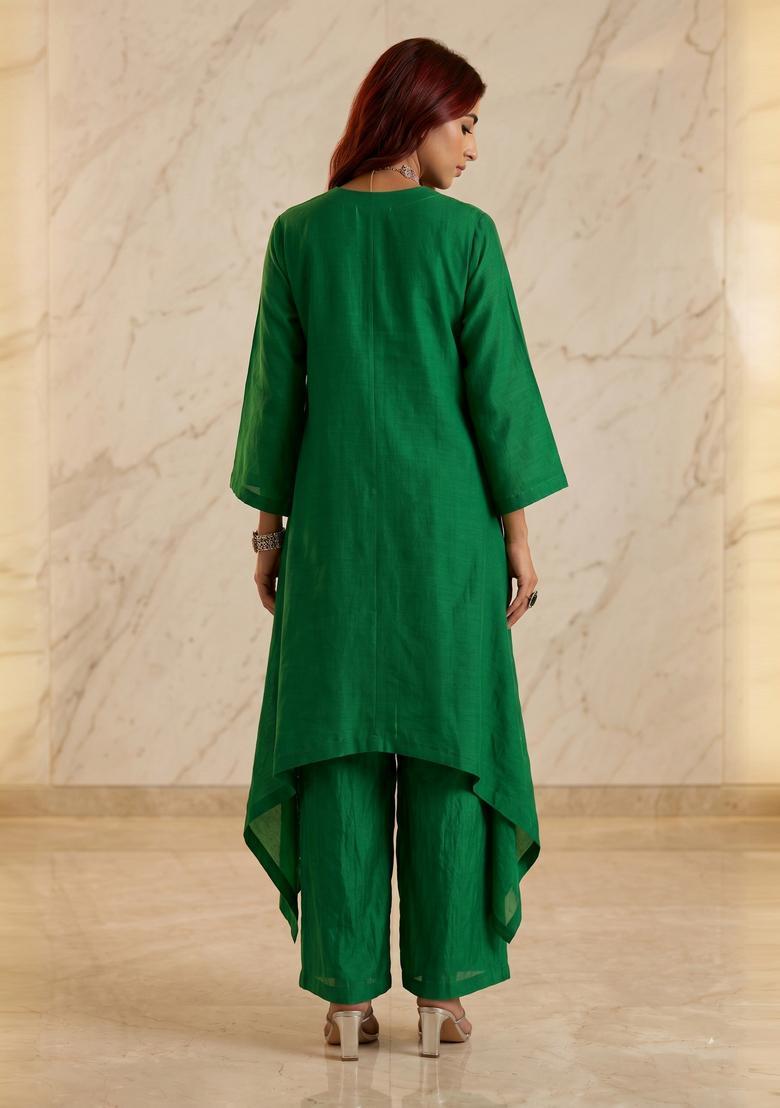 Green Embroidered Handwork Kurta Set - Indya