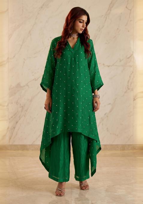 Green Embroidered Handwork Kurta Set