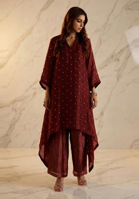 Maroon Embroidered Handwork Kurta Set