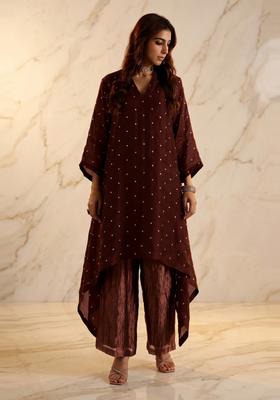 Chocolate Brown Embroidered Handwork Kurta Set