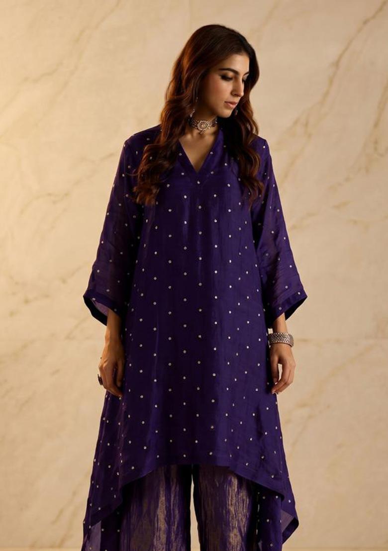 Deep Purple Embroidered Handwork Kurta Set - Indya