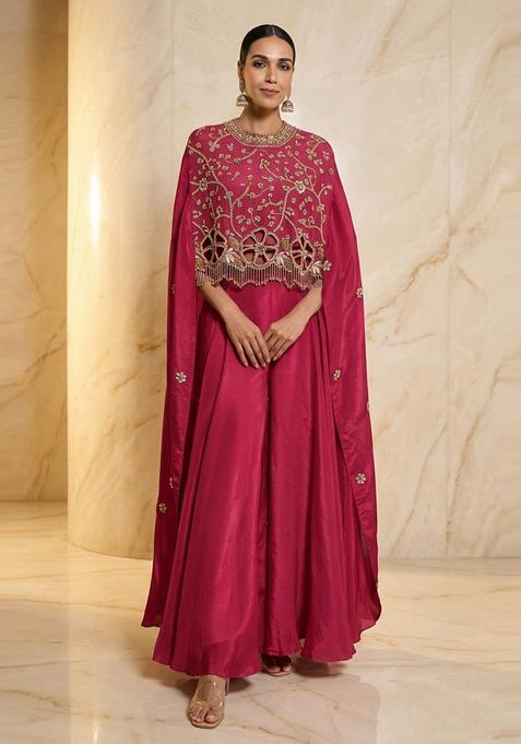 Deep Red Embroidered Handwork Fusion Set