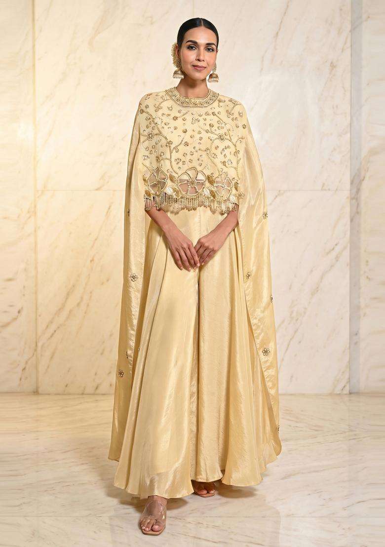 Champagne Beige Embroidered Handwork Fusion Set - Indya